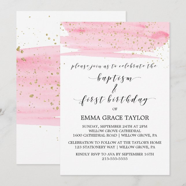 Invitation Aquarelle rose & or Baptême & 1er anniversaire (Devant / Derrière)