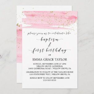 Invitation Aquarelle rose & or Baptême & 1er anniversaire
