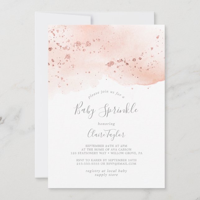 Invitation Aquarelle rose or Bébé arrosage (Devant)