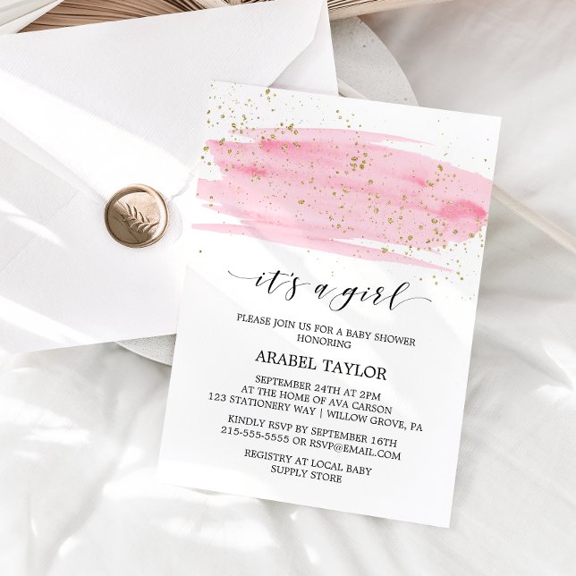 Invitation Aquarelle rose & or C'est un Baby shower fille (Créateur téléchargé)