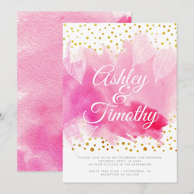 Invitation Aquarelle rose, or confetti calligraphie mariage (Devant / Derrière)