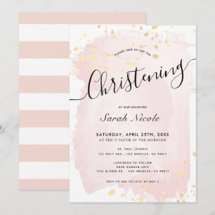 Invitation Aquarelle rose or éclaboussures fille Christening