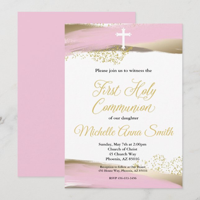 Invitation Aquarelle rose or fille 1ère première communion sa (Devant / Derrière)