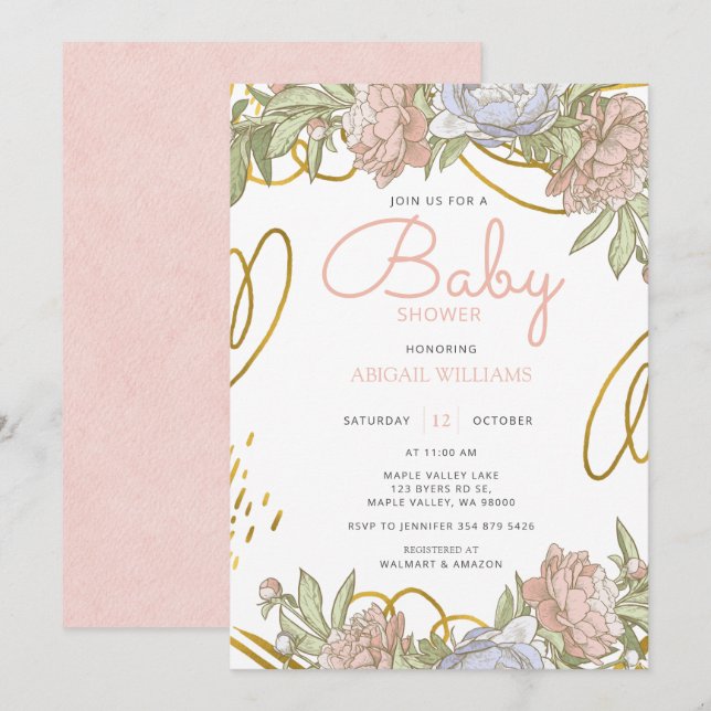 Invitation Aquarelle rose or Floral & Baby shower vert (Devant / Derrière)