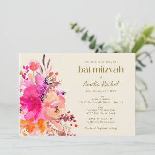 Invitation Aquarelle rose or Floral Élégant Bat mitzvah