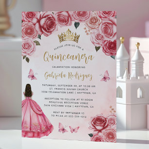 Invitation Aquarelle rose or Floral Quinceañera