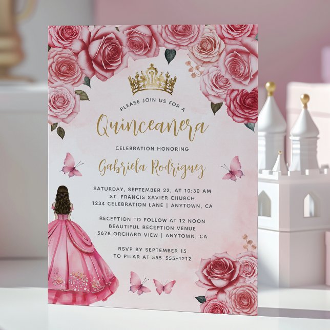 Invitation Aquarelle rose or Floral Quinceañera (Créateur téléchargé)