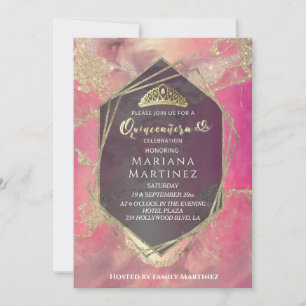 Invitation Aquarelle rose or géométrique Quinceañera