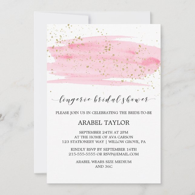 Invitation Aquarelle rose & or Lingerie Fête des mariées (Devant)