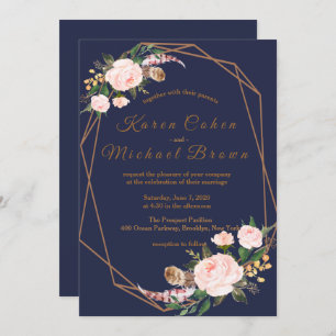 Invitation Aquarelle rose or Marine Boho Chic Floral Mariage