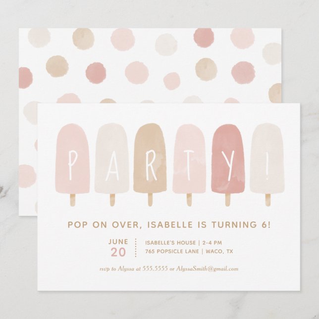 Invitation Aquarelle rose or Popsicle Girl Anniversaire (Devant / Derrière)