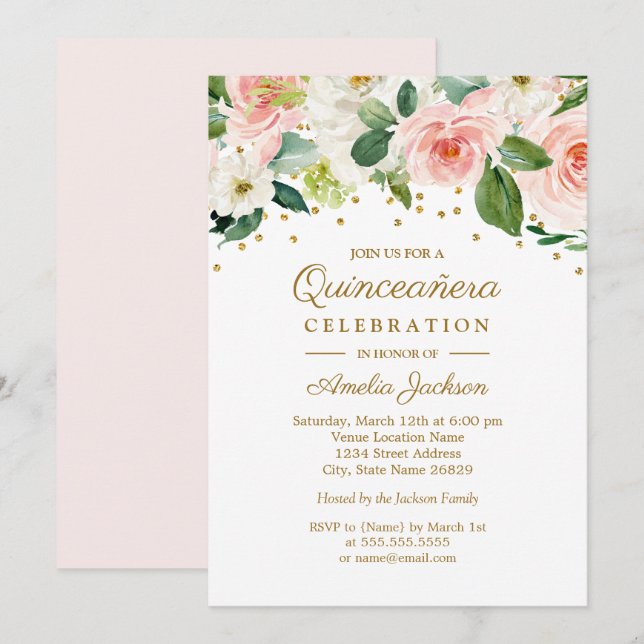 Invitation Aquarelle rose or Quinceanera florale 15e (Devant / Derrière)