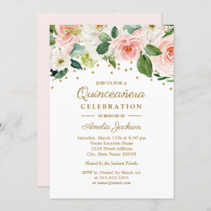 Invitation Aquarelle rose or Quinceanera florale 15e