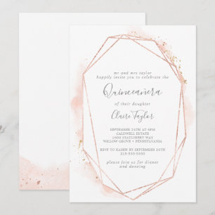 Invitation Aquarelle rose or Quintañera géométrique