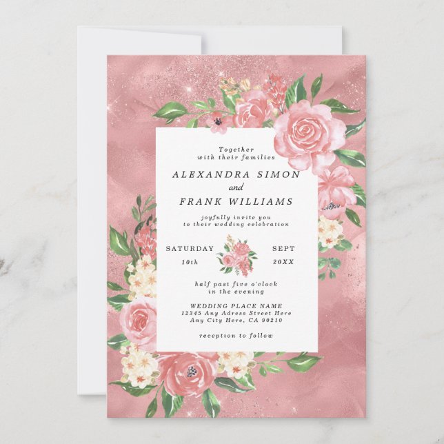 Invitation Aquarelle rose or rose Mariage végétal rose (Devant)
