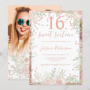 Invitation Aquarelle rose or rose rose fleurie Sweet 16 photo