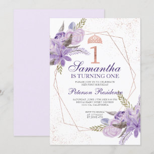 Invitation Aquarelle rose or tiara florale 1er anniversaire