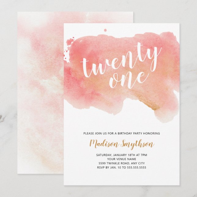 Invitation Aquarelle rose or vingt un (Devant / Derrière)