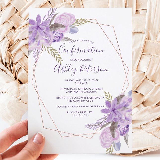 Invitation Aquarelle rose or violet confirmation florale (Créateur téléchargé)