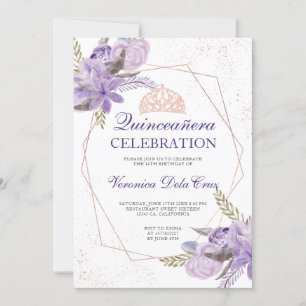 Invitation Aquarelle rose or violet fleuri Quinceanera