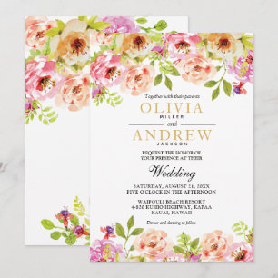 Invitation Aquarelle rose orange Fleurs de cadre   MARIAGE