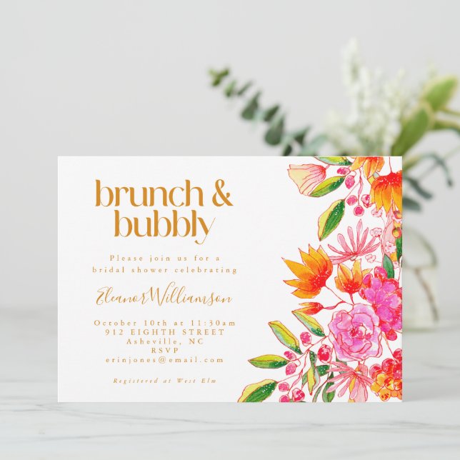 Invitation Aquarelle rose orange Floral Bridal Brunch Bubbly (Debout devant)