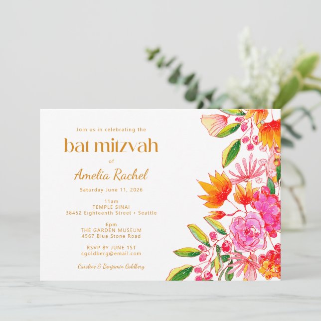 Invitation Aquarelle rose orange moderne Bat mitzvah floral (Debout devant)