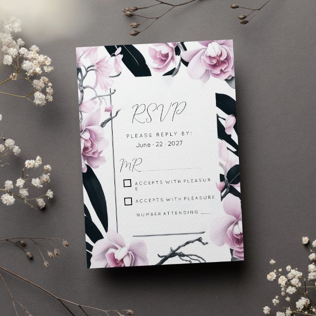 Invitation Aquarelle rose orchidée noire fleurs RSVP (Watercolor pink black orchid flowers RSVP )