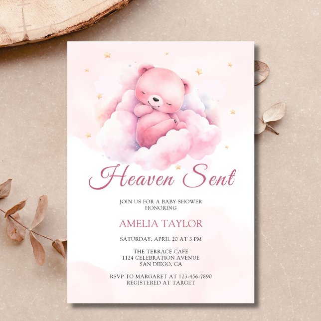 Invitation Aquarelle rose Ours Ciel envoyé Baby shower fille (A "Heaven Sent" girl's baby shower invitation featuring a pink bear on a cloud)