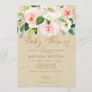 Invitation Aquarelle rose pâle Baby shower Kraft Floral