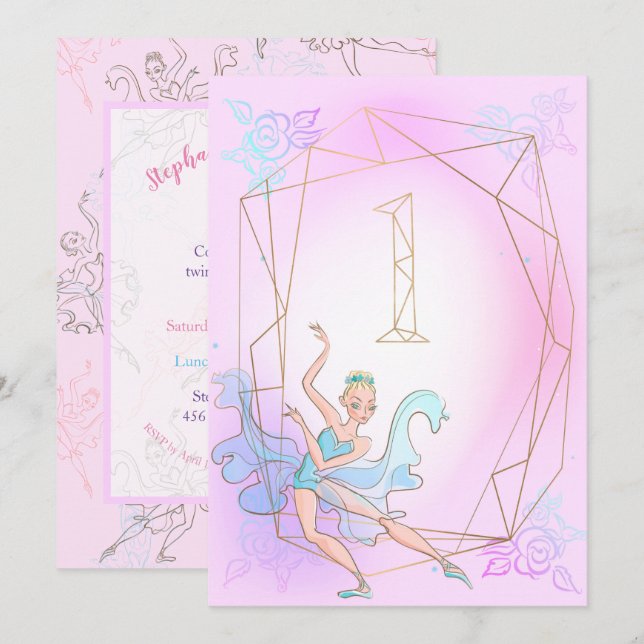 Invitation Aquarelle rose pâle Ballerina Or Nom géométrique (Devant / Derrière)