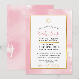 Invitation Aquarelle rose pâle bat mitzvah étoile or invitati