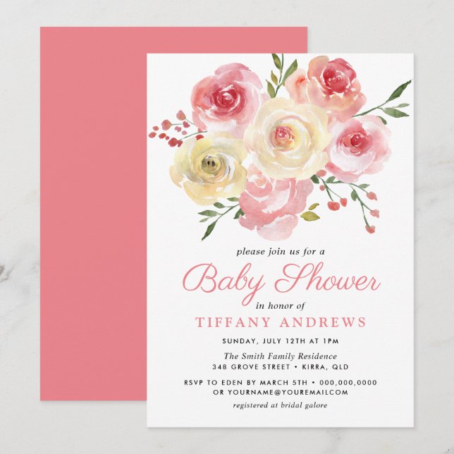 Invitation Aquarelle rose pâle bleu Baby shower floral (Devant / Derrière)