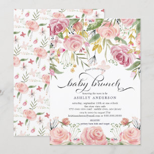 Invitation Aquarelle rose pâle Brunch pour bébé Floral