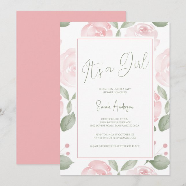 Invitation Aquarelle rose pâle C'est un Baby shower fille (Devant / Derrière)