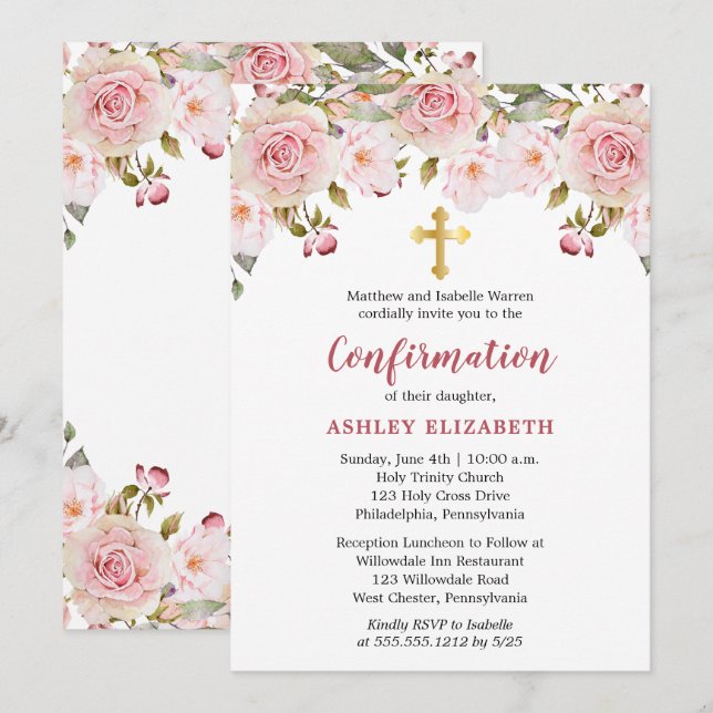 Invitation Aquarelle rose pâle Confirmation Florale Girl (Devant / Derrière)
