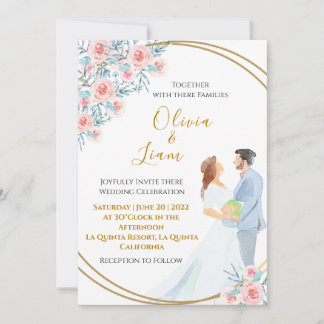 Invitation Aquarelle rose pâle Couple et Mariage Rose