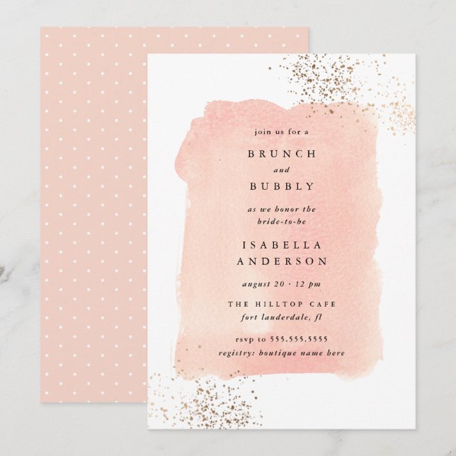 Invitation Aquarelle rose pâle Fête de l'mariée de brunch à b (Devant / Derrière)