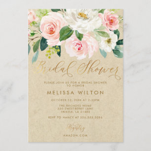 Invitation Aquarelle rose pâle Fête de l'mariée Kraft