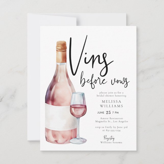 Invitation Aquarelle rose pâle Fête des mariées à vin françai (Devant)