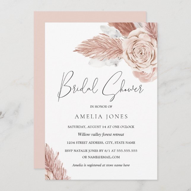 Invitation Aquarelle rose pâle Fête des mariées Fleurs Boho (Devant / Derrière)