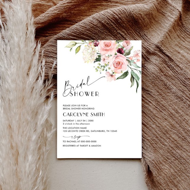 Invitation Aquarelle rose pâle Fête des mariées florale rose  (Watercolor Blush Pink Floral Bridal Shower Invitat Invitation)