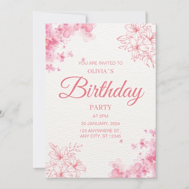 Invitation Aquarelle rose pâle Fleur fête d'anniversaire (Devant)