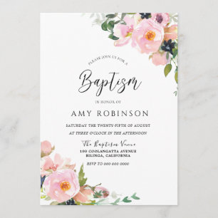 Invitation Aquarelle rose pâle Fleurs Élégant Baptême