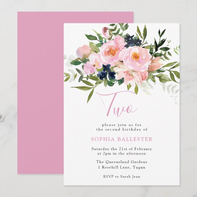 Invitation Aquarelle rose pâle Fleurs et Marine 2e anniversai (Devant / Derrière)