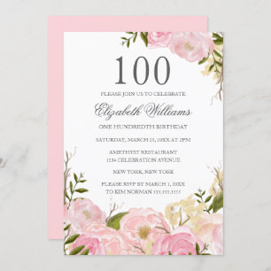 Invitation Aquarelle rose pâle Floral 100e anniversaire Invit