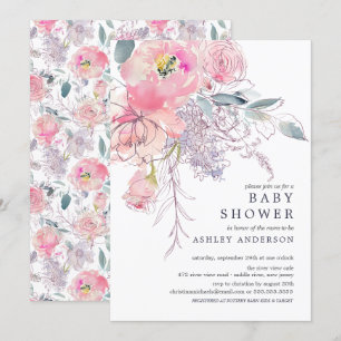 Invitation Aquarelle rose pâle Floral Baby Girl Douche