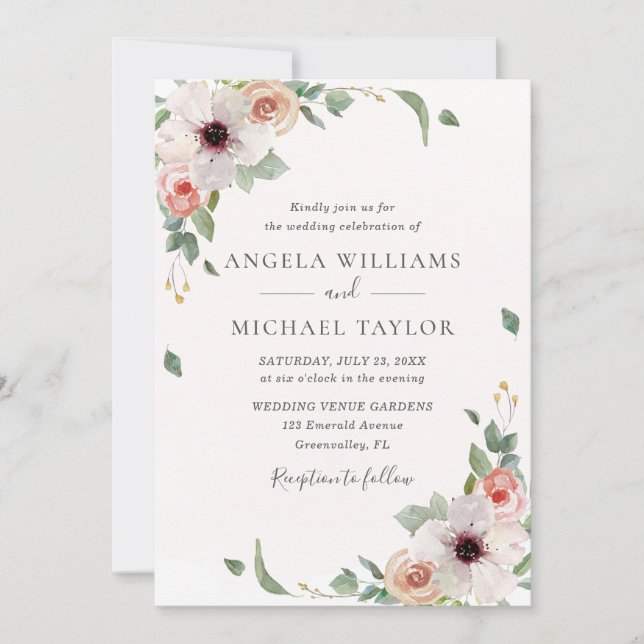 Invitation Aquarelle rose pâle Floral Joli Mariage (Devant)