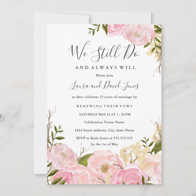 Invitation Aquarelle rose pâle Floral Vow Renouvellement Invi (Devant)