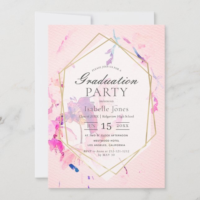 Invitation Aquarelle rose pâle Graduation florale (Devant)